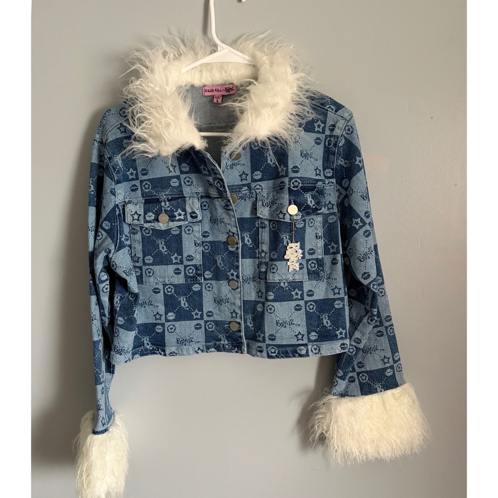Dolls Kill x Bratz Denim 2 Piece Set Jacket Skirt Faux Fur Blue Checkered Large